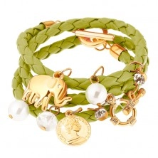Multináramek - zelený pletenec, slon, mince, čiré a perleťově bílé korálky