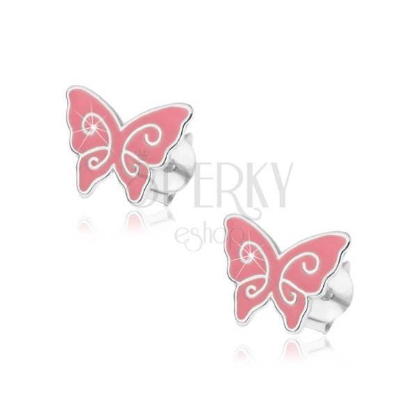 Stříbrné náušnice 925, plochý růžový motýlek, lesklé spirály, puzetky