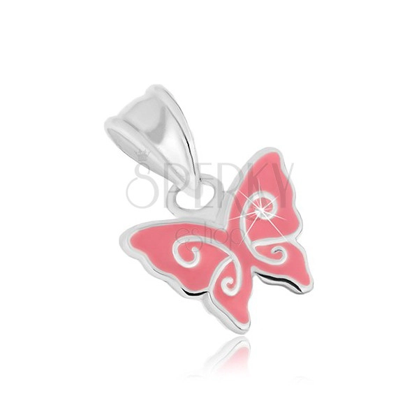 Stříbrný přívěsek 925, motýlek s růžovou glazurou a lesklými liniemi