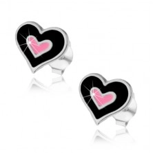 Puzetové náušnice, stříbro 925, dvojité srdce s černou a růžovou glazurou