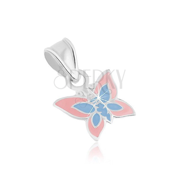 Přívěsek ze stříbra 925, plochý motýlek, světle růžová a modrá glazura