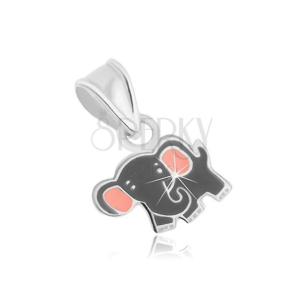 Plochý stříbrný přívěsek 925, šedý slon s růžovými oušky, lesklé obrysy