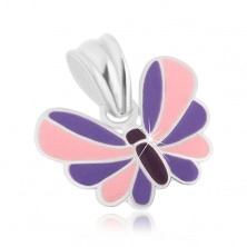 Stříbrný přívěsek 925, motýlek s fialovo-růžovými křídly, ozdobná glazura