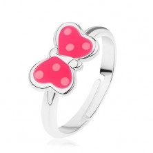 Nastavitelný prsten ze stříbra 925, motýlek - růžová glazura, bílé tečky