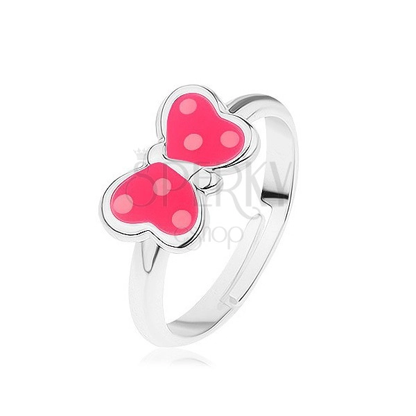 Nastavitelný prsten ze stříbra 925, motýlek - růžová glazura, bílé tečky