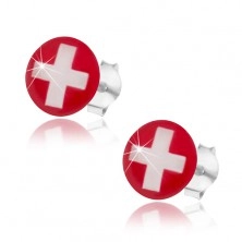 Stříbrné náušnice 925, švýcarská vlajka - červené pozadí, bílý kříž