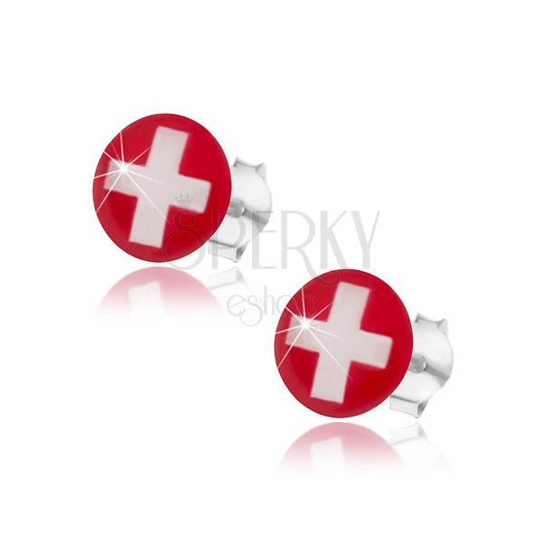 Stříbrné náušnice 925, švýcarská vlajka - červené pozadí, bílý kříž