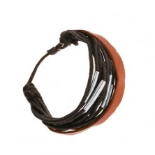 Nastavitelný náramek, černé šňůrky, ocelové rourky, kožený pásek