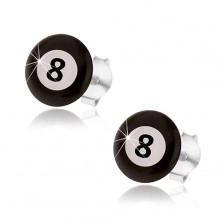 Náušnice, stříbro 925, magická biliárová koule - černá a bílá barva, číslo 8