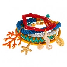Multináramek, barevné šňůrky a kruh, přívěsky - korál, mušle, mořský koník