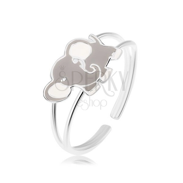 Lesklý prsten, stříbro 925, roztomilý slon pokrytý šedou a bílou glazurou