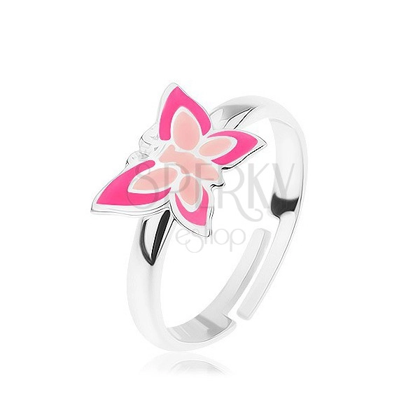 Prsten ze stříbra 925, nastavitelný, motýlek v odstínech růžové barvy