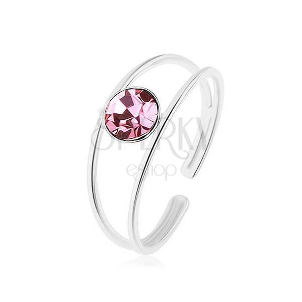 Nastavitelný prsten ze stříbra 925, rozdvojená ramena, kulatý růžový zirkon
