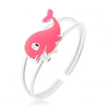 Prsten ze stříbra 925, rozdvojená ramena, veselá růžová velryba s glazurou