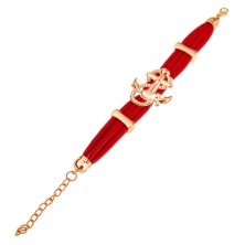 Náramek, červené měkké pásky, motiv kotvy a lana ve zlatém odstínu