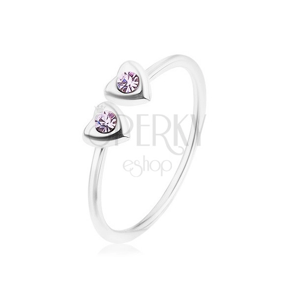Stříbrný 925 prsten, nastavitelný, dvě srdíčka s fialovými zirkony