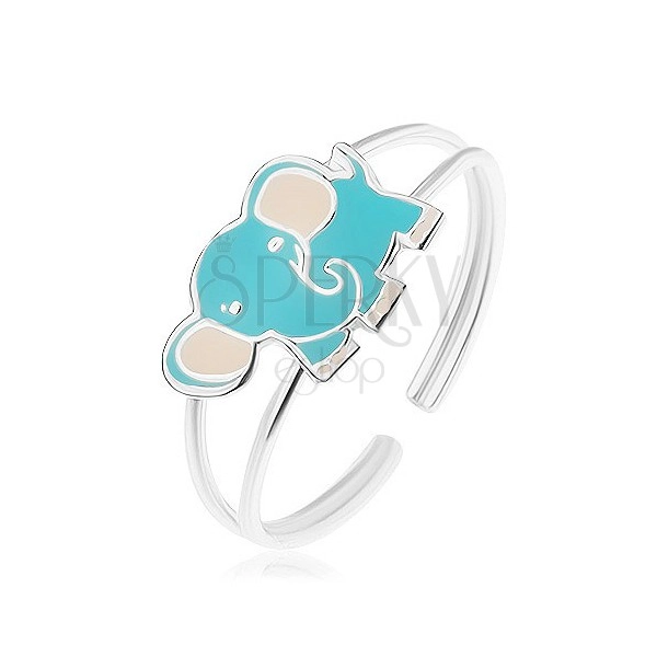 Stříbrný prsten 925, malý roztomilý slon, modrá a bílá glazura