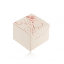 Krémová krabička na prsten, náušnice nebo přívěsek, červené srdcovité ornamenty