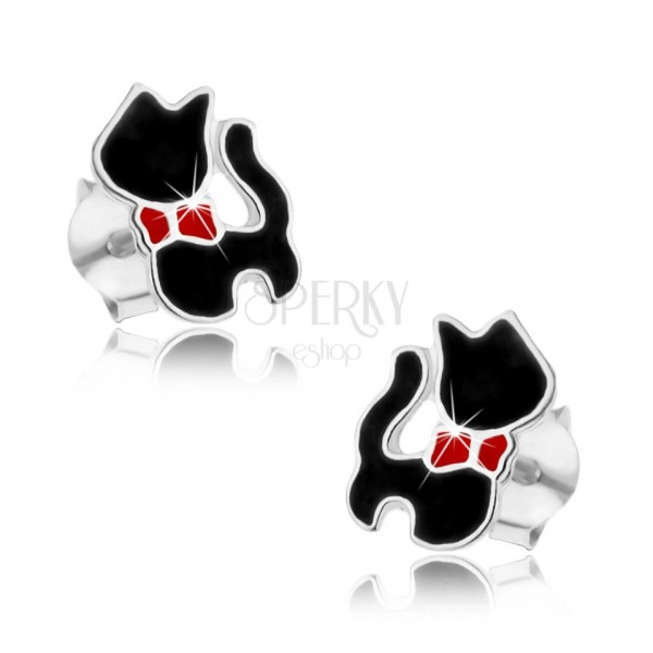 Stříbrné náušnice 925, černá kočka s červenou mašlí