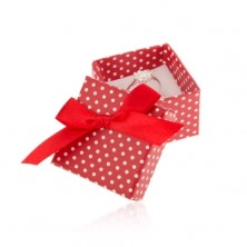 Červená dárková krabička na prsten nebo náušnice, bílé tečky, mašlička