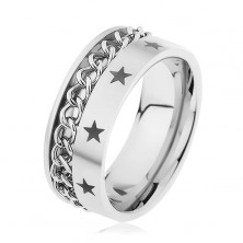 Ocelový prsten stříbrné barvy zdobený řetízkem a hvězdičkami