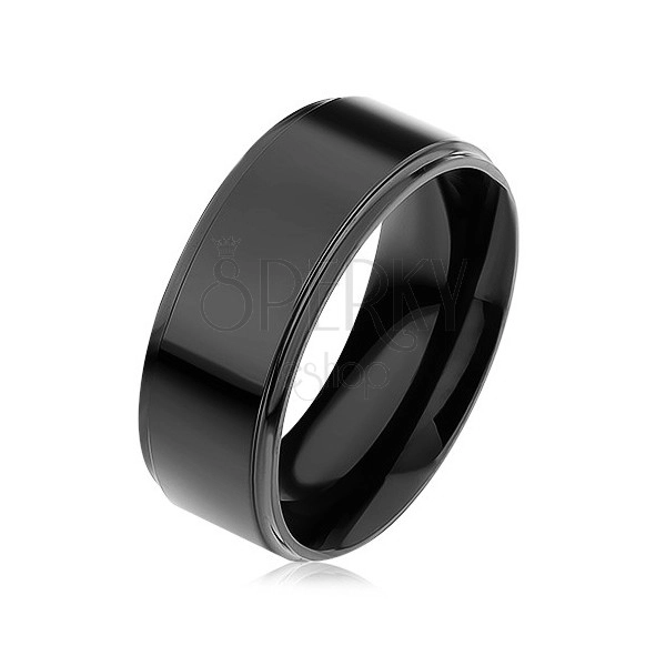 Černý prsten z chirurgické oceli, vyvýšený pás, vysoký lesk