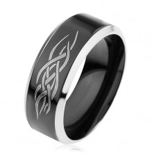 Prsten z chirurgické oceli, lesklý černý pás s motivem tribal