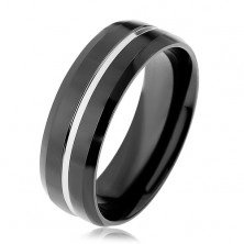 Černý ocelový prsten, tenký pásek stříbrné barvy, zkosené okraje