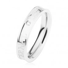 Ocelový prsten stříbrné barvy, vyhloubený střed, čirý zirkonek, ETERNAL LOVE
