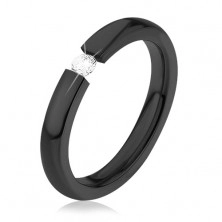 Lesklý prsten z chirurgické oceli, černá barva, kulatý čirý zirkon, 3 mm