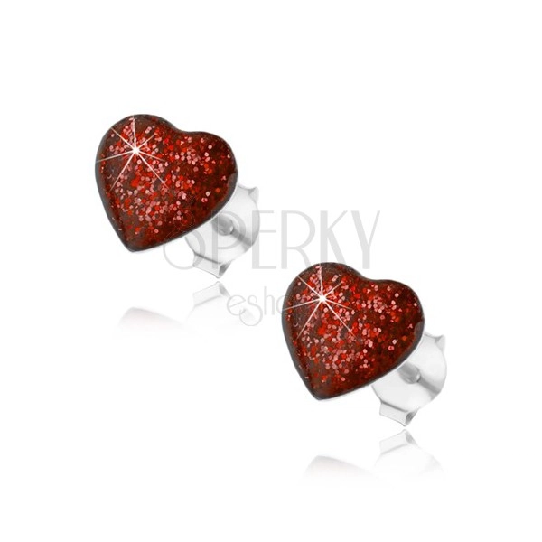Stříbrné náušnice 925, srdce zdobené červenou glazurou s glitry, puzetky