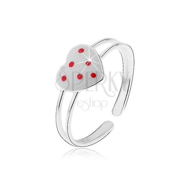 Stříbrný prsten 925, rozdvojená ramena, bílé srdíčko s červenými tečkami