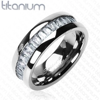 Titanový prsten se vsazenými, obdélníkovými zirkony - Velikost: 65