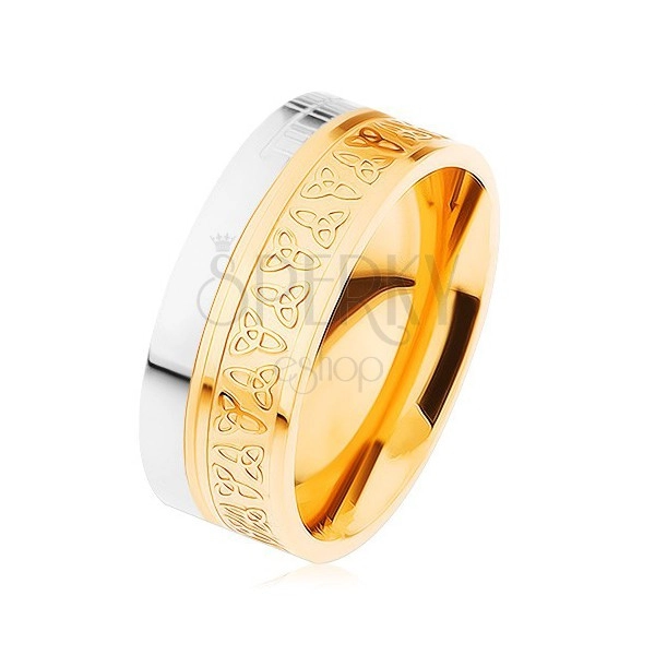 Prsten z chirurgické oceli, stříbrná a zlatá barva, keltské uzly