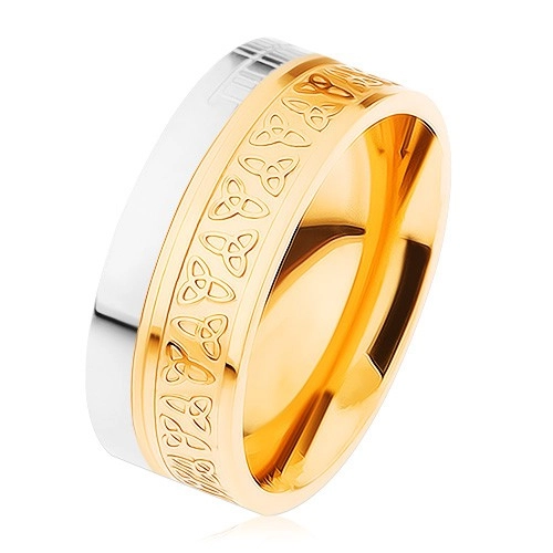 Prsten z chirurgické oceli, stříbrná a zlatá barva, keltské uzly - Velikost: 59