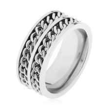 Prsten z oceli 316L stříbrné barvy, dva dekorativní řetízky, vysoký lesk