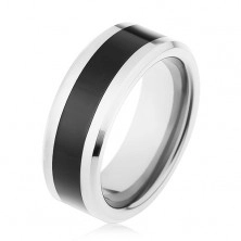Lesklý prsten z wolframu, dvoubarevné provedení, černý pás, zkosené hrany