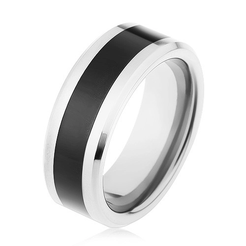 Lesklý prsten z wolframu, dvoubarevné provedení, černý pás, zkosené hrany - Velikost: 66