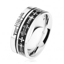 Ocelový prsten stříbrné barvy, černé proužky, keltské symboly