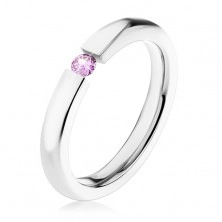 Prsten, ocel 316L, stříbrný odstín, fialový zirkonek, 3 mm
