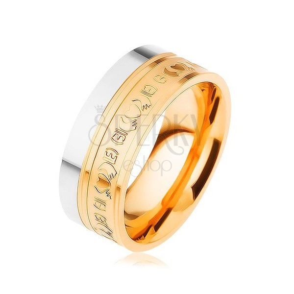 Ocelový prsten, dvoubarevný - stříbrný a zlatý odstín, ornamenty, 8 mm
