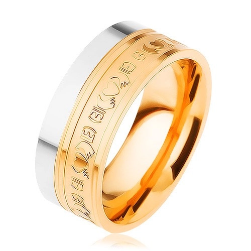 Ocelový prsten, dvoubarevný - stříbrný a zlatý odstín, ornamenty, 8 mm - Velikost: 67