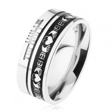 Prsten z oceli 316L, stříbrná barva, černý pruh, ornamenty, 8 mm