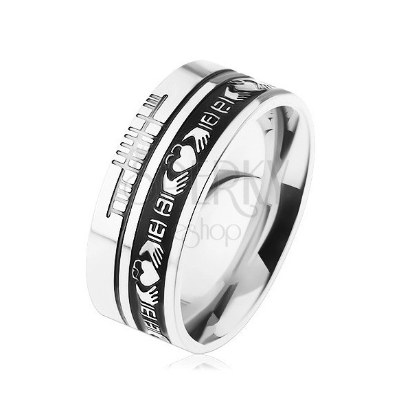 Prsten z oceli 316L, stříbrná barva, černý pruh, ornamenty, 8 mm