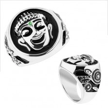 Masivní prsten, ocel 316L, stříbrná barva, černá glazura, usmívající se Budha