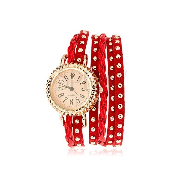 Náramkové hodinky, nastavitelná délka, červená barva, pletená šňůrka