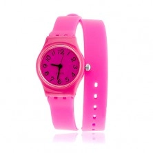 Náramkové hodinky na obtočení, silikon, neonová růžová barva
