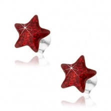 Stříbrné náušnice 925, červená glazovaná hvězda se třpytkami, puzetky