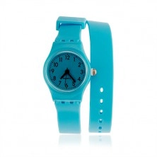 Analogové hodinky, dlouhý silikonový řemínek, světle modrá barva