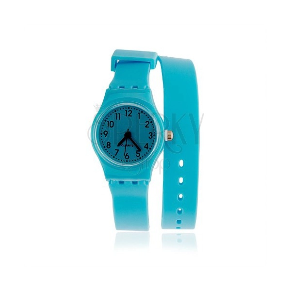 Analogové hodinky, dlouhý silikonový řemínek, světle modrá barva